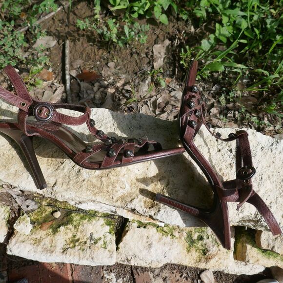 Sergio Zelcer Shoes Spanish Leather High Heeled Strappy Studded Brown Sandals 8 - Picture 5 of 11